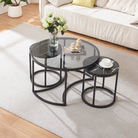 Set Kokkola 3 Tavolini Sovrapponibili con Piani Rotondi in Vetro Fumè e MDF Effetto Marmo Nero [en.casa]