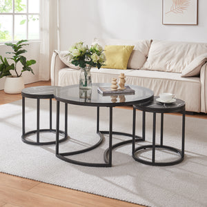 Set Kokkola 3 Tavolini Sovrapponibili con Piani Rotondi in Vetro Fumè e MDF Effetto Marmo Nero [en.casa]