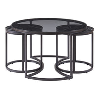Set Kokkola 3 Tavolini Sovrapponibili con Piani Rotondi in Vetro Fumè e MDF Effetto Marmo Nero [en.casa]