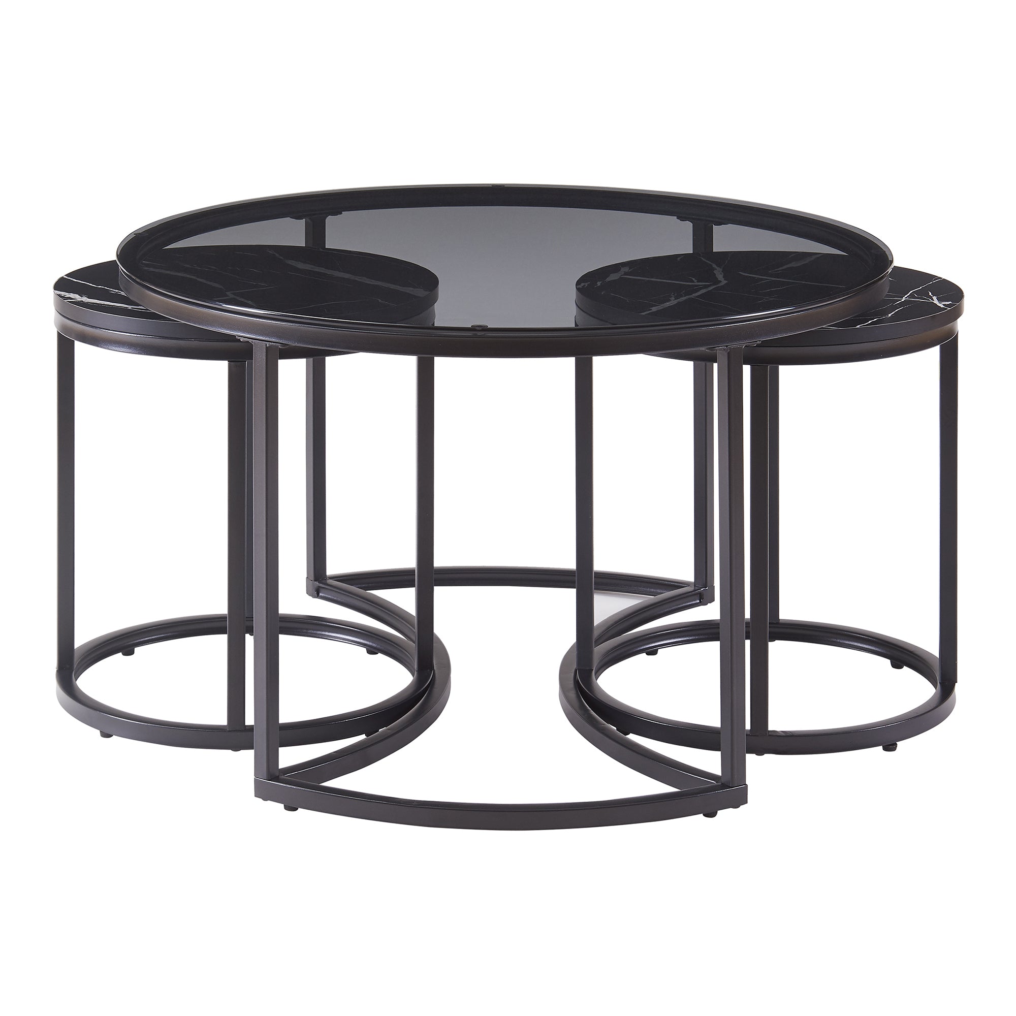 Set Kokkola 3 Tavolini Sovrapponibili con Piani Rotondi in Vetro Fumè e MDF Effetto Marmo Nero [en.casa]