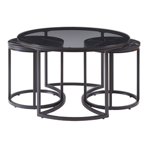 Set Kokkola 3 Tavolini Sovrapponibili con Piani Rotondi in Vetro Fumè e MDF Effetto Marmo Nero [en.casa]