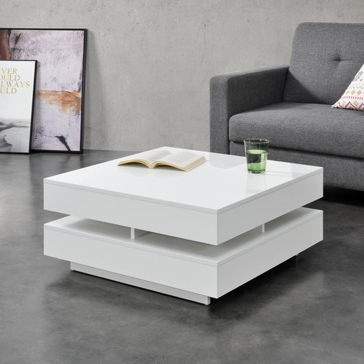 Tavolino Basso da Salotto Märsta con 4 Scomparti 75x75x36 cm - Bianco Lucido [en.casa]