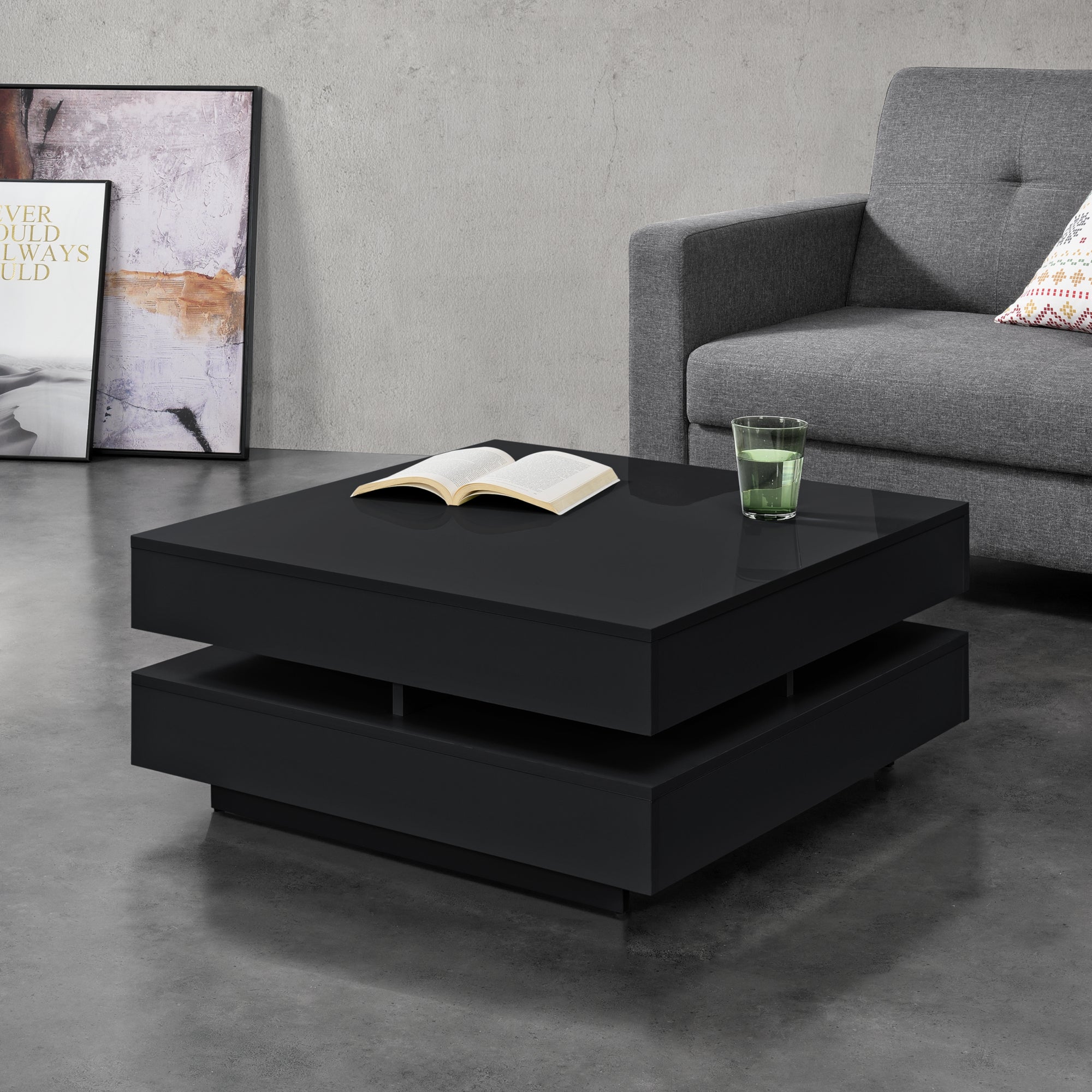 Tavolino Basso da Salotto Märsta con 4 Scomparti 75x75x36 cm - Nero Lucido [en.casa]