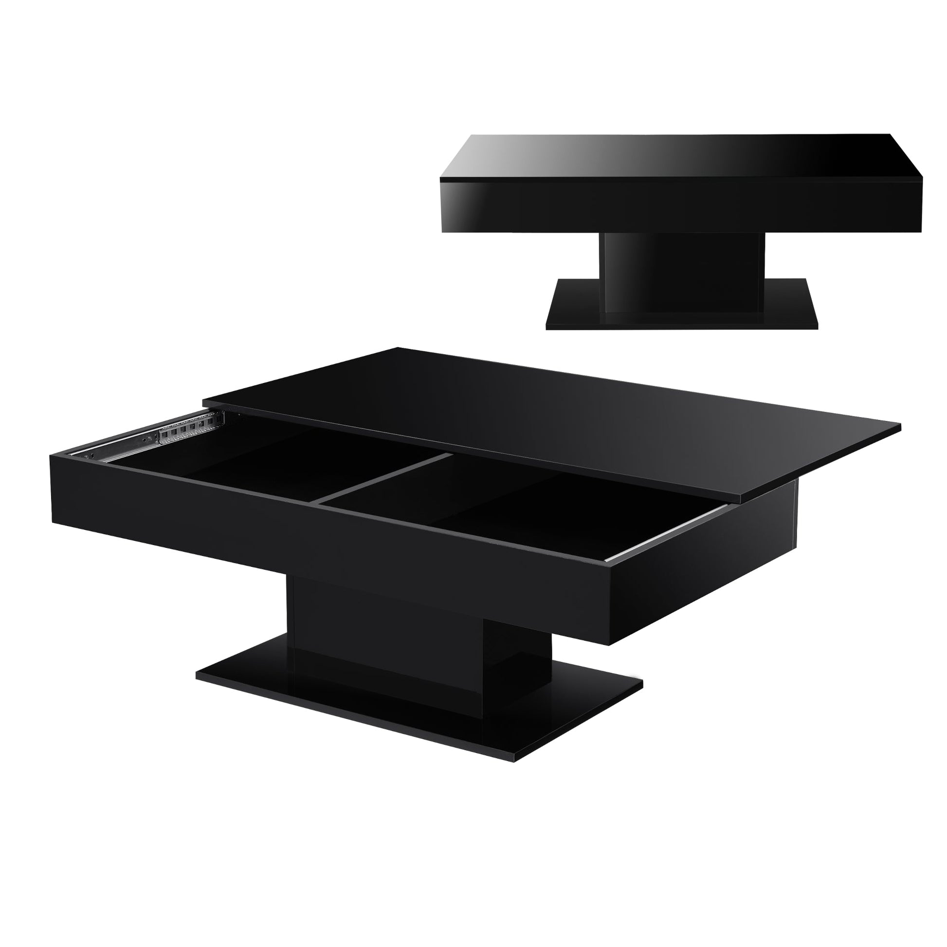 Elegante tavolino da salotto con 2 vani portaoggetti interni design in truciolare 40 x 110 x 60 cm nero lucido 03_0006149