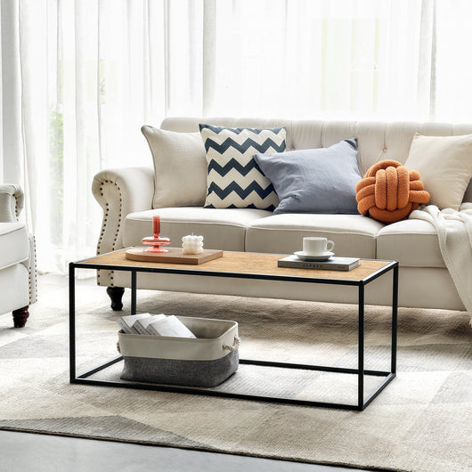 Tavolino Basso Rettangolare 'Vännäs' con  Base in Metallo Nero e Piano in Effetto Legno [en.casa]