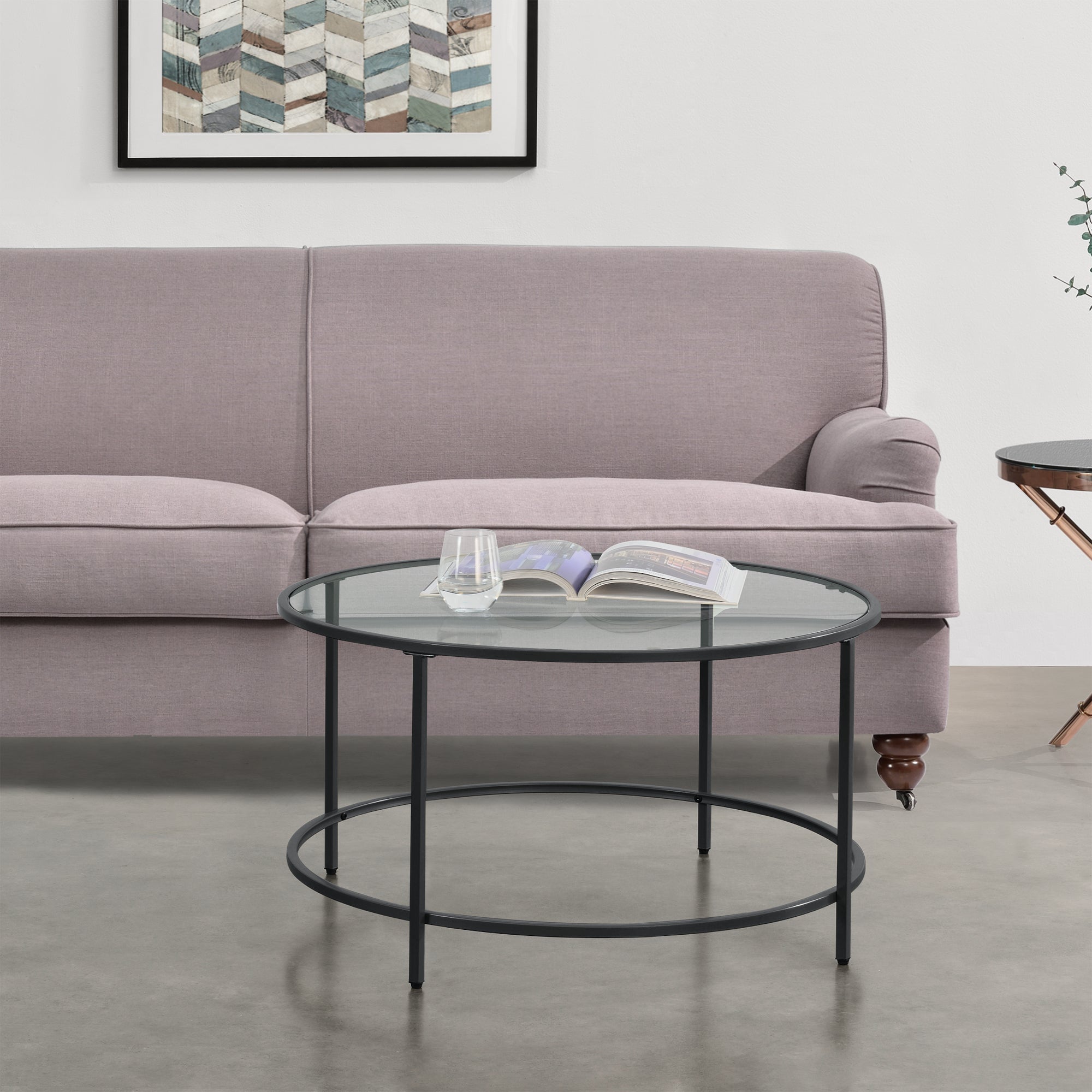 Tavolino da caffè/da Divano di Forma Rotonda - Altezza 45,5 cm - Tavolino Basso da Salotto/Soggiorno con Piano in Vetro