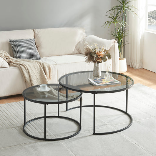 Set Kokkola 2 Tavolini Sovrapponibili con Piani Rotondi in Vetro Fumè [en.casa]