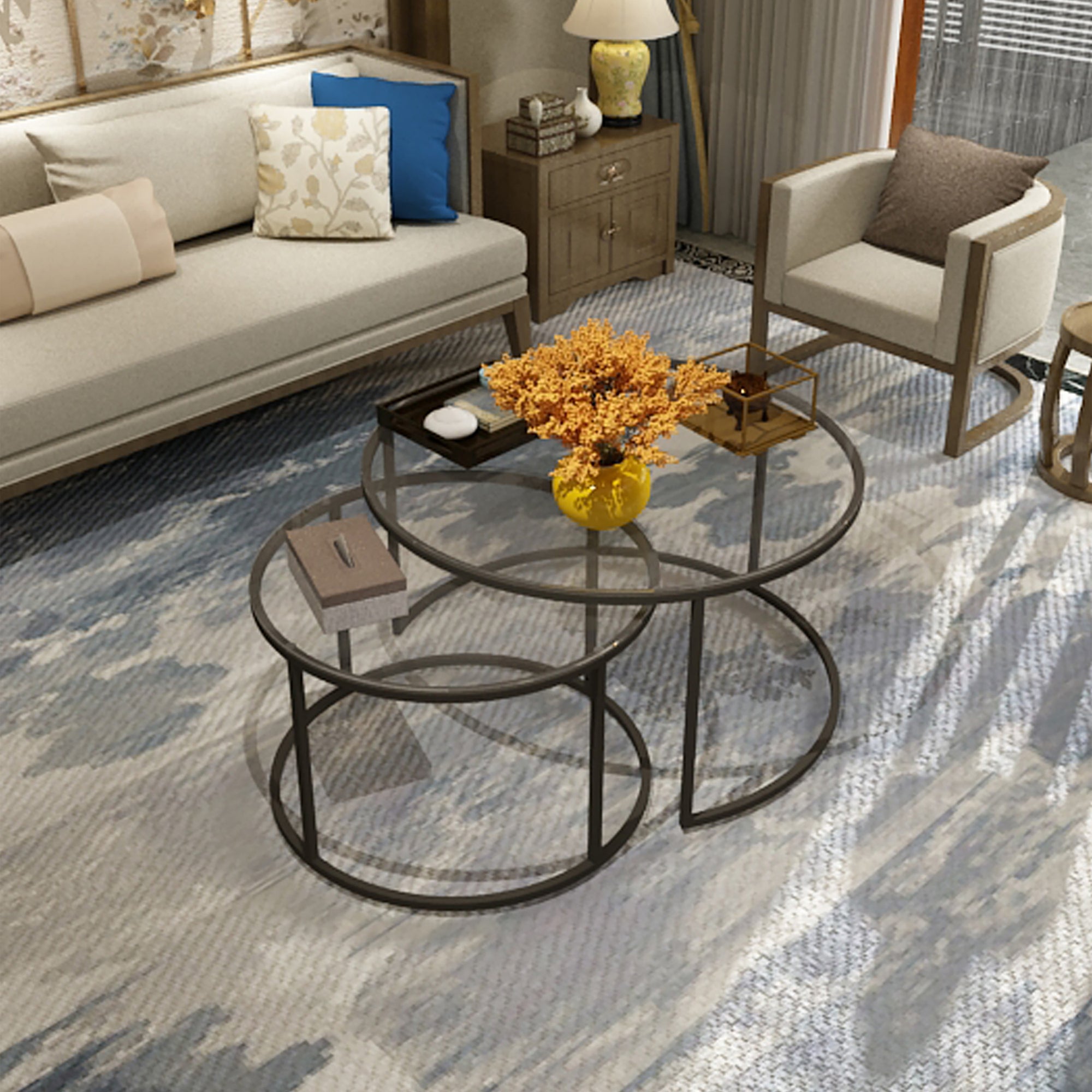 Set Kokkola 2 Tavolini Sovrapponibili con Piani Rotondi in Vetro Trasparente [en.casa]