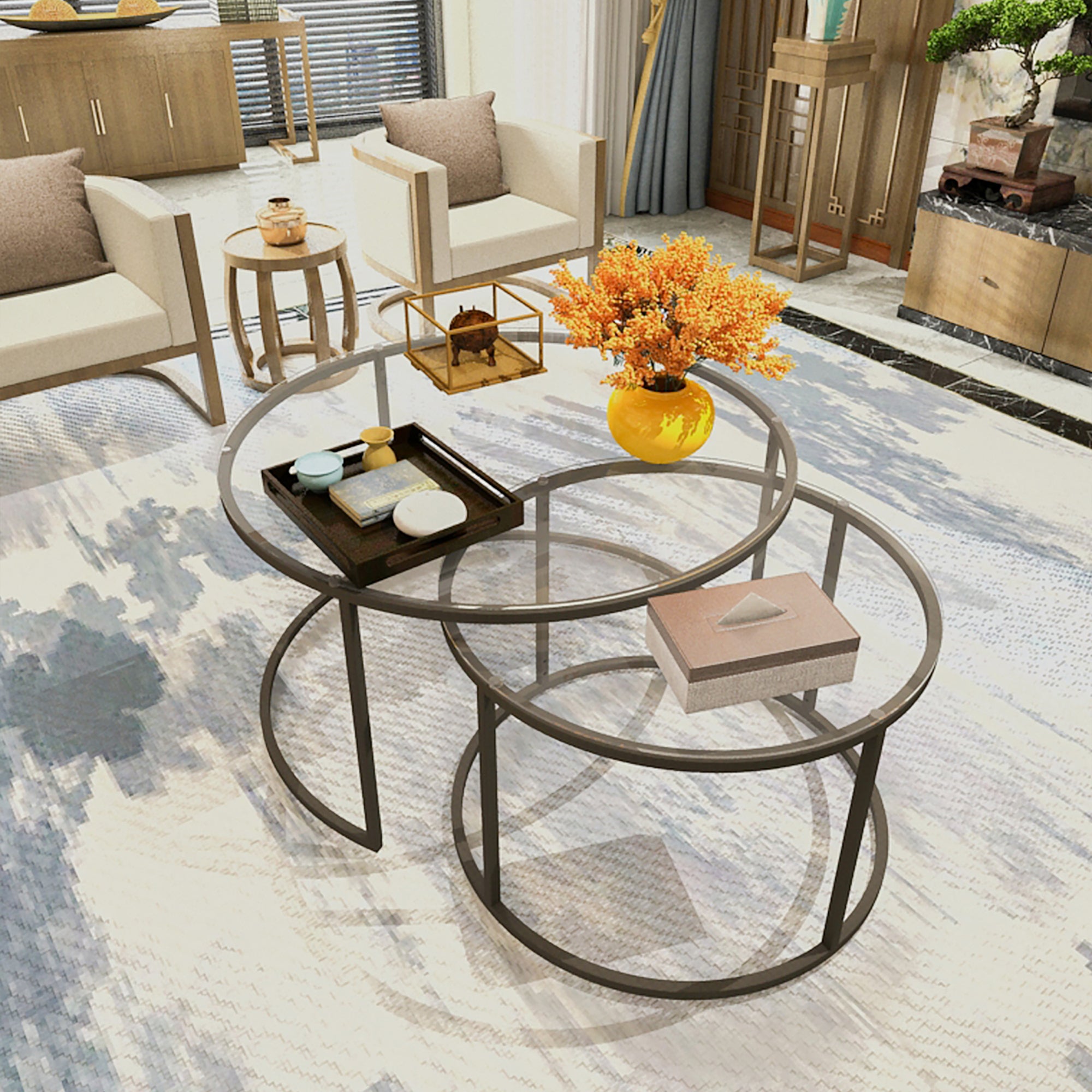 Set Kokkola 2 Tavolini Sovrapponibili con Piani Rotondi in Vetro Trasparente [en.casa]