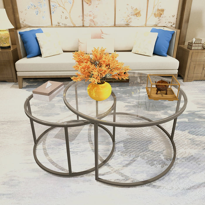 Set Kokkola 2 Tavolini Sovrapponibili con Piani Rotondi in Vetro Trasparente [en.casa]