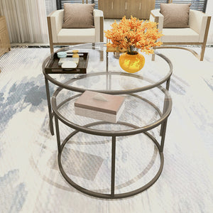 Set Kokkola 2 Tavolini Sovrapponibili con Piani Rotondi in Vetro Trasparente [en.casa]