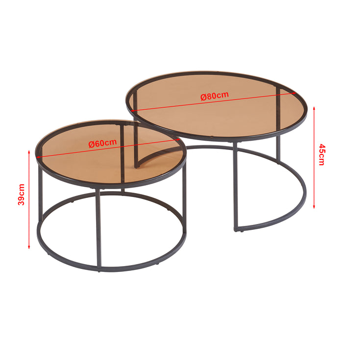 Set Kokkola 2 Tavolini Sovrapponibili con Piani Rotondi in Vetro Fumè Marrone  [en.casa]