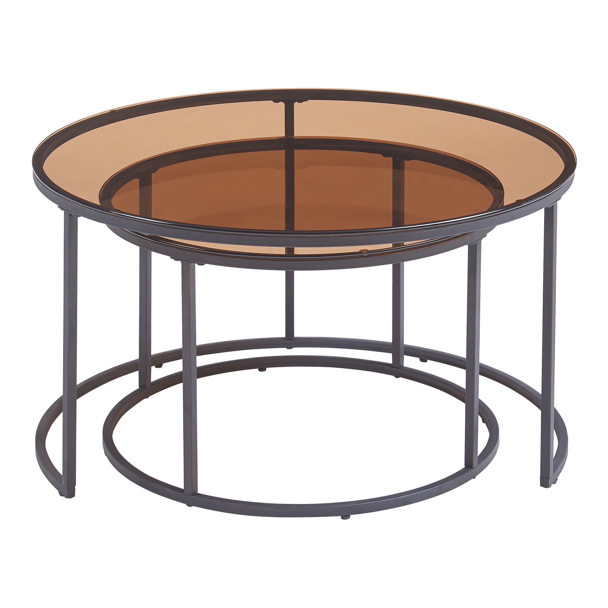 Set Kokkola 2 Tavolini Sovrapponibili con Piani Rotondi in Vetro Fumè Marrone  [en.casa]