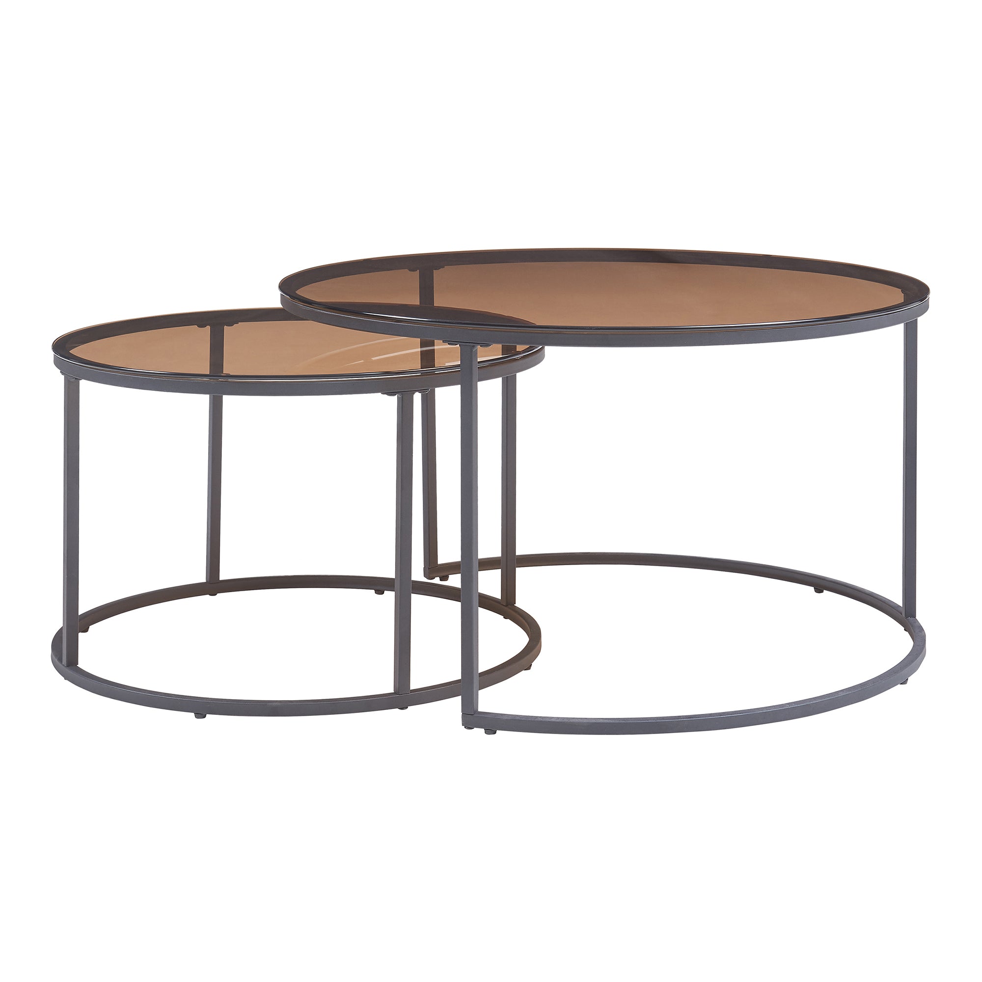 Set Kokkola 2 Tavolini Sovrapponibili con Piani Rotondi in Vetro Fumè Marrone  [en.casa]