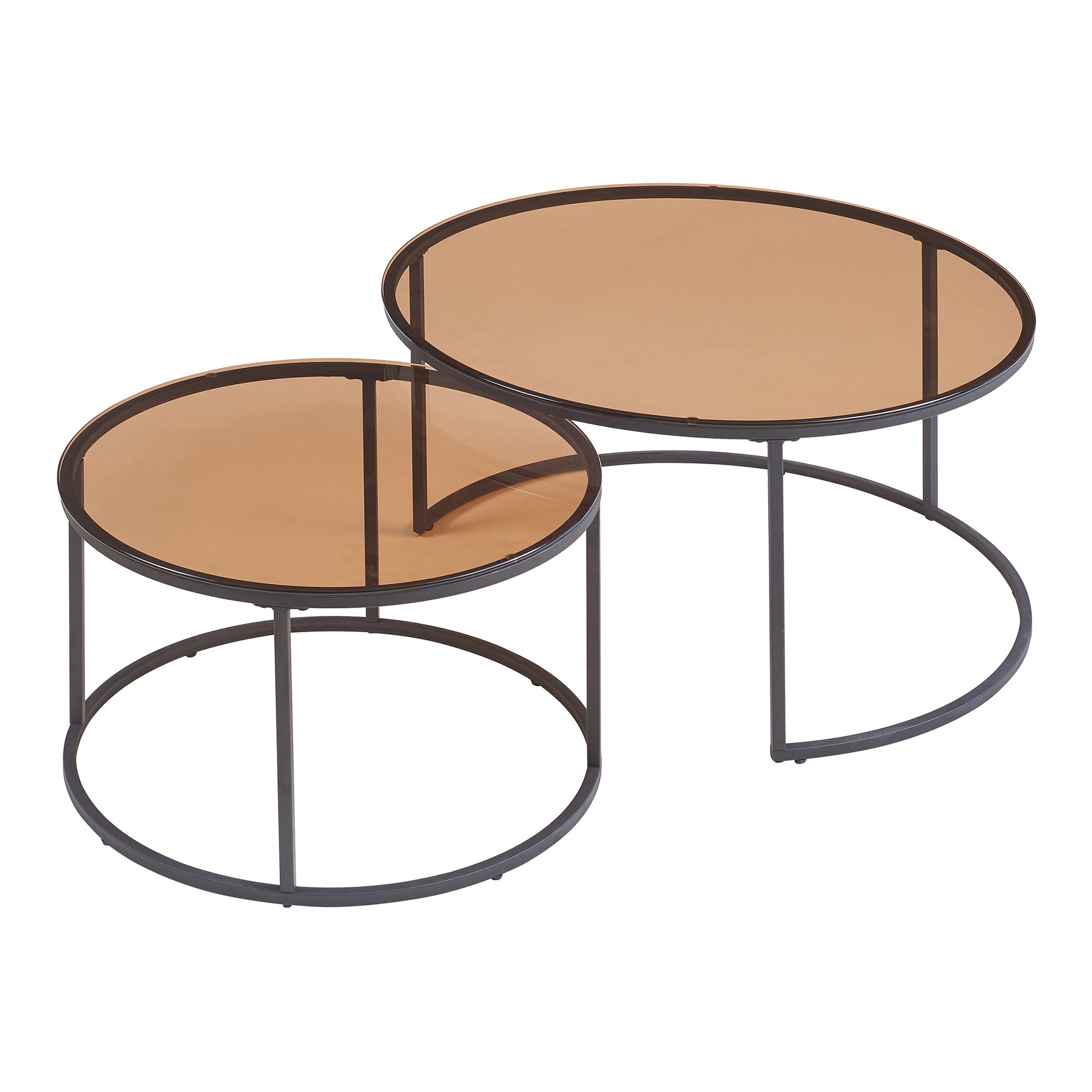 Set Kokkola 2 Tavolini Sovrapponibili con Piani Rotondi in Vetro Fumè Marrone  [en.casa]