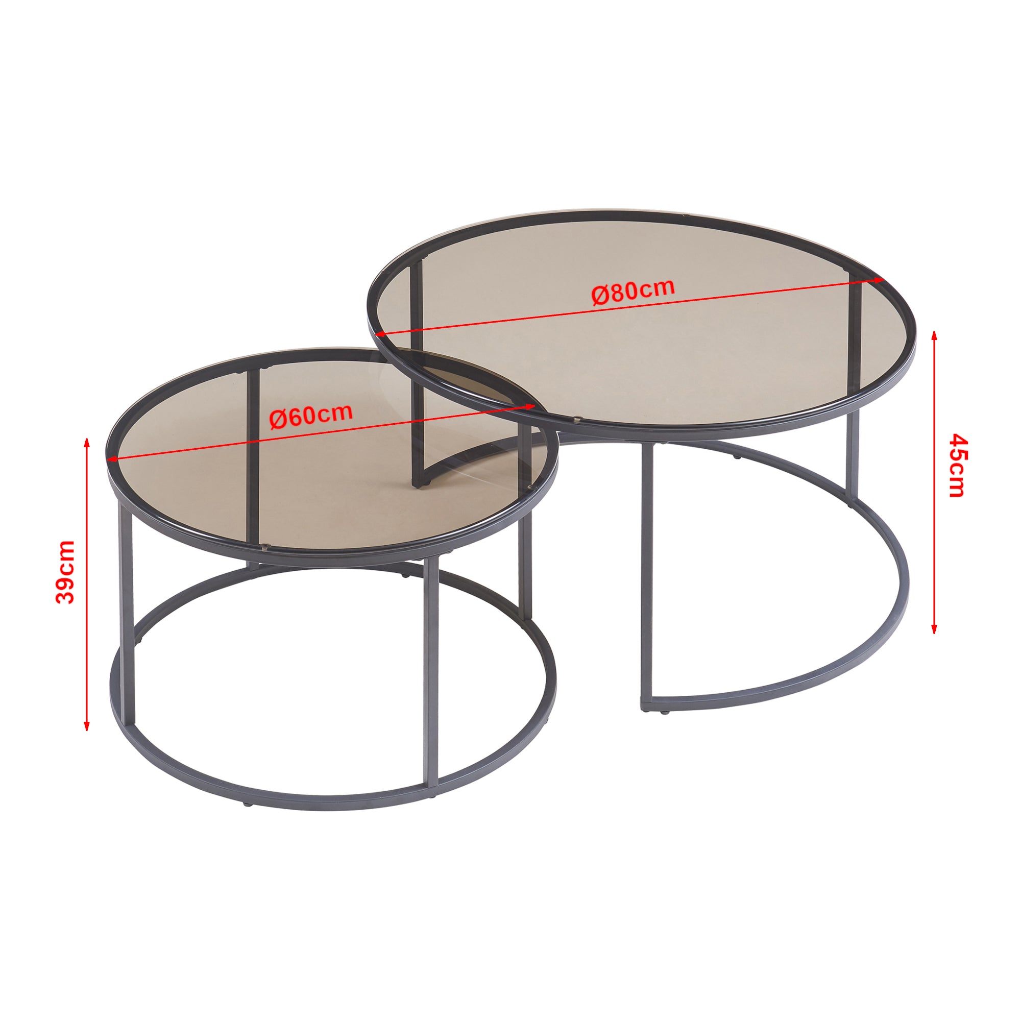 Set Kokkola 2 Tavolini Sovrapponibili con Piani Rotondi in Vetro Fumè Grigio [en.casa]