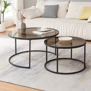 Set Kokkola 2 Tavolini Sovrapponibili con Piani Rotondi in Vetro Fumè Grigio [en.casa]