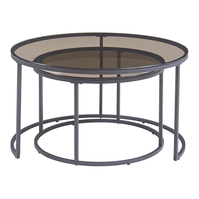 Set Kokkola 2 Tavolini Sovrapponibili con Piani Rotondi in Vetro Fumè Grigio [en.casa]