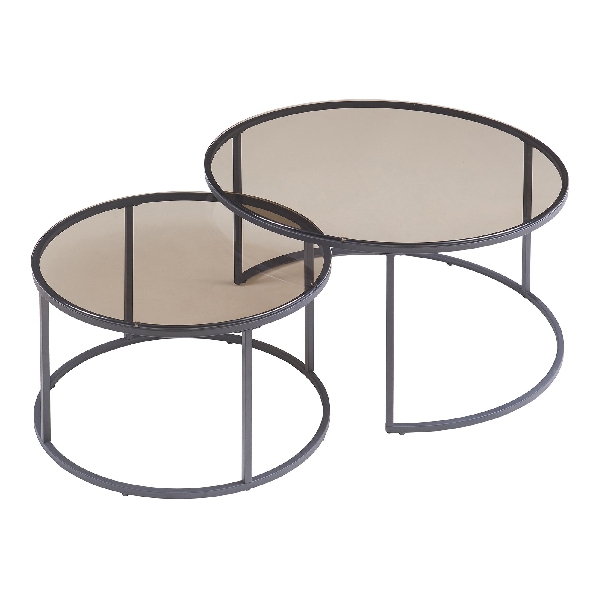 Set Kokkola 2 Tavolini Sovrapponibili con Piani Rotondi in Vetro Fumè Grigio [en.casa]