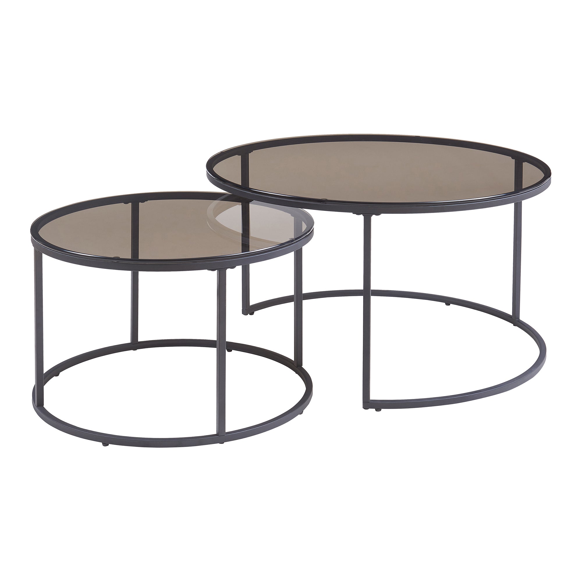 Set Kokkola 2 Tavolini Sovrapponibili con Piani Rotondi in Vetro Fumè Grigio [en.casa]