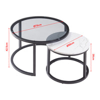 Set Kokkola 2 Tavolini Sovrapponibili con Piani Rotondi in Vetro Fumè e MDF Effetto Marmo Bianco [en.casa]