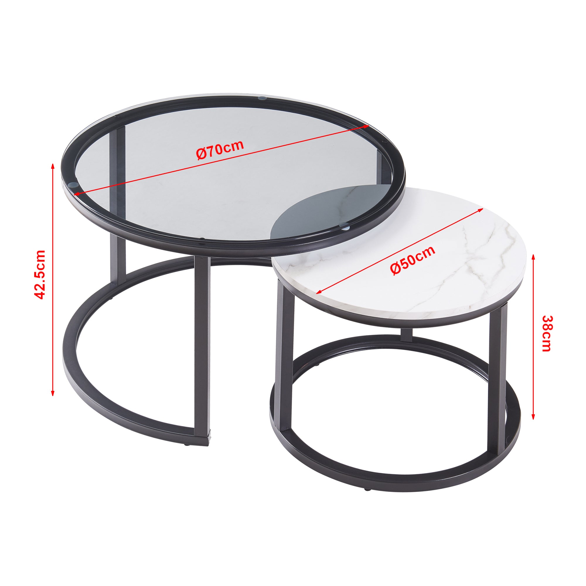 Set Kokkola 2 Tavolini Sovrapponibili con Piani Rotondi in Vetro Fumè e MDF Effetto Marmo Bianco [en.casa]