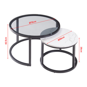 Set Kokkola 2 Tavolini Sovrapponibili con Piani Rotondi in Vetro Fumè e MDF Effetto Marmo Bianco [en.casa]