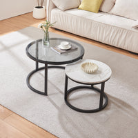 Set Kokkola 2 Tavolini Sovrapponibili con Piani Rotondi in Vetro Fumè e MDF Effetto Marmo Bianco [en.casa]