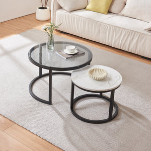 Set Kokkola 2 Tavolini Sovrapponibili con Piani Rotondi in Vetro Fumè e MDF Effetto Marmo Bianco [en.casa]