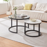 Set Kokkola 2 Tavolini Sovrapponibili con Piani Rotondi in Vetro Fumè e MDF Effetto Marmo Bianco [en.casa]