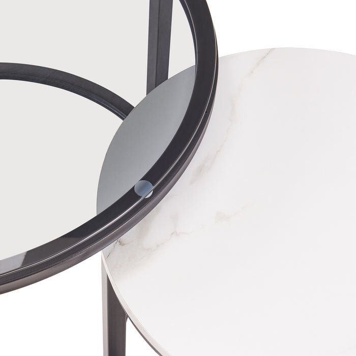 Set Kokkola 2 Tavolini Sovrapponibili con Piani Rotondi in Vetro Fumè e MDF Effetto Marmo Bianco [en.casa]