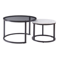 Set Kokkola 2 Tavolini Sovrapponibili con Piani Rotondi in Vetro Fumè e MDF Effetto Marmo Bianco [en.casa]