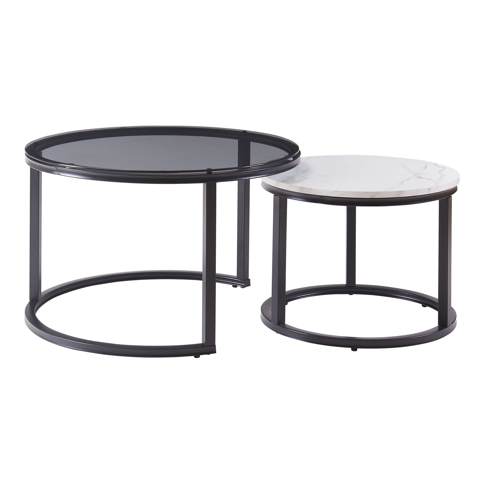 Set Kokkola 2 Tavolini Sovrapponibili con Piani Rotondi in Vetro Fumè e MDF Effetto Marmo Bianco [en.casa]