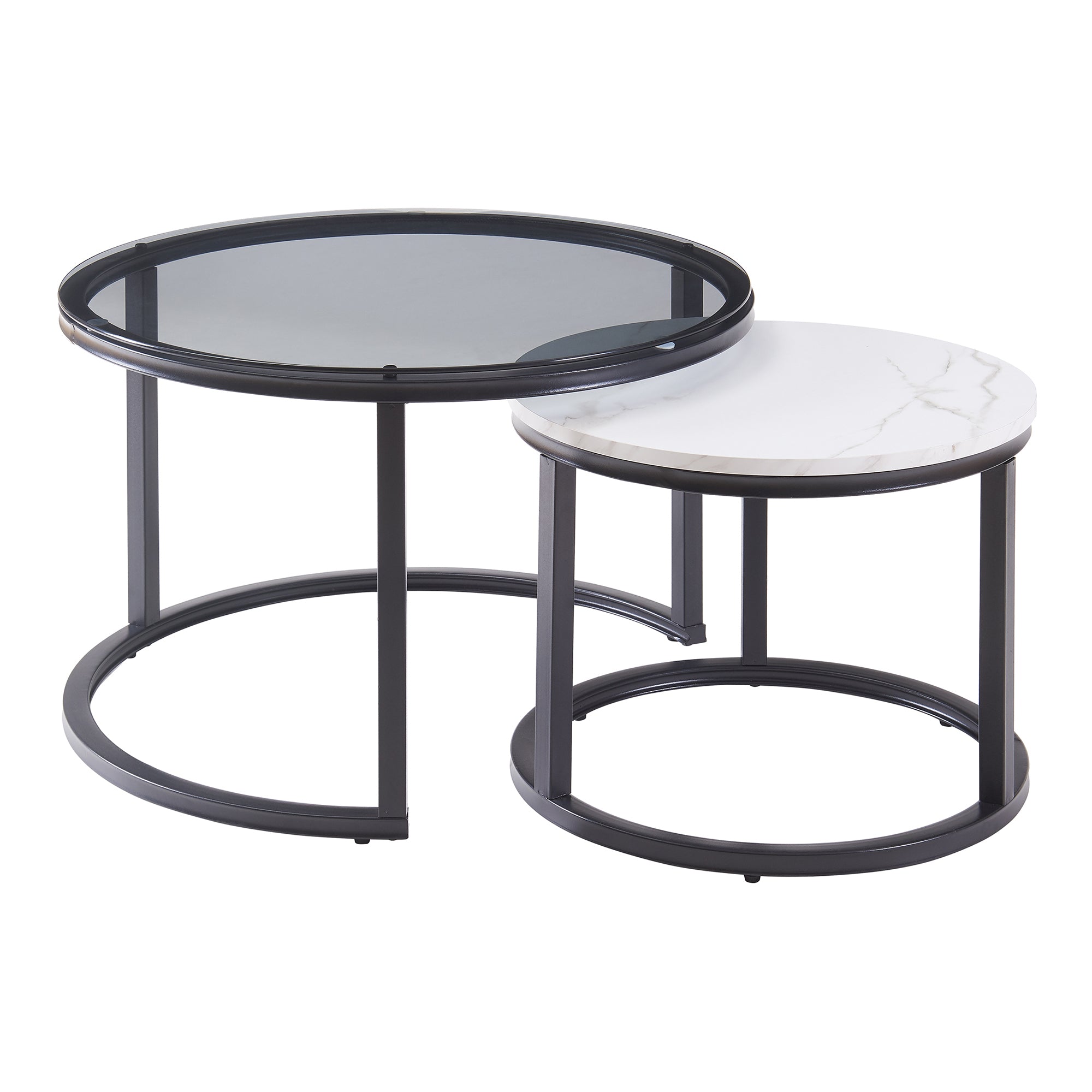 Set Kokkola 2 Tavolini Sovrapponibili con Piani Rotondi in Vetro Fumè e MDF Effetto Marmo Bianco [en.casa]
