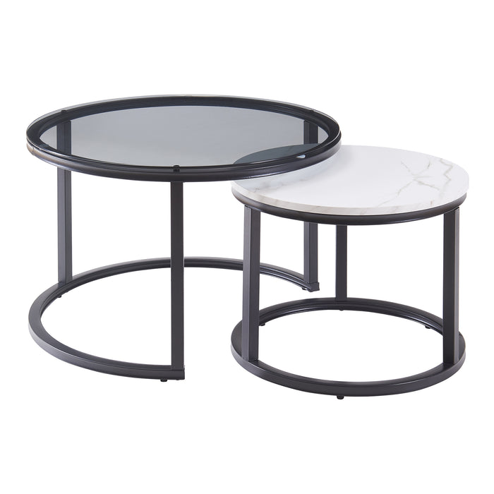 Set Kokkola 2 Tavolini Sovrapponibili con Piani Rotondi in Vetro Fumè e MDF Effetto Marmo Bianco [en.casa]