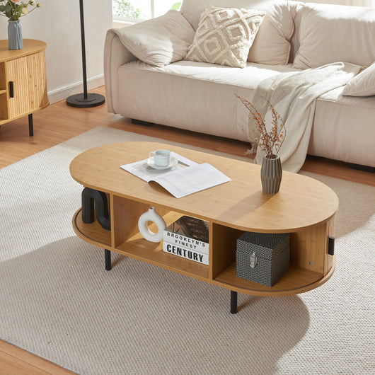 Tavolino Tvedestrand da Salotto con 2 Ante Scorrevoli in Bambù 120 x 55 x 40 cm - Naturale [en.casa]