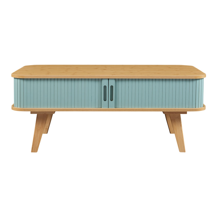 Tavolino Tysvær da Salotto con 2 Ante Scorrevoli in Bambù - Naturale / Azzurro [en.casa]