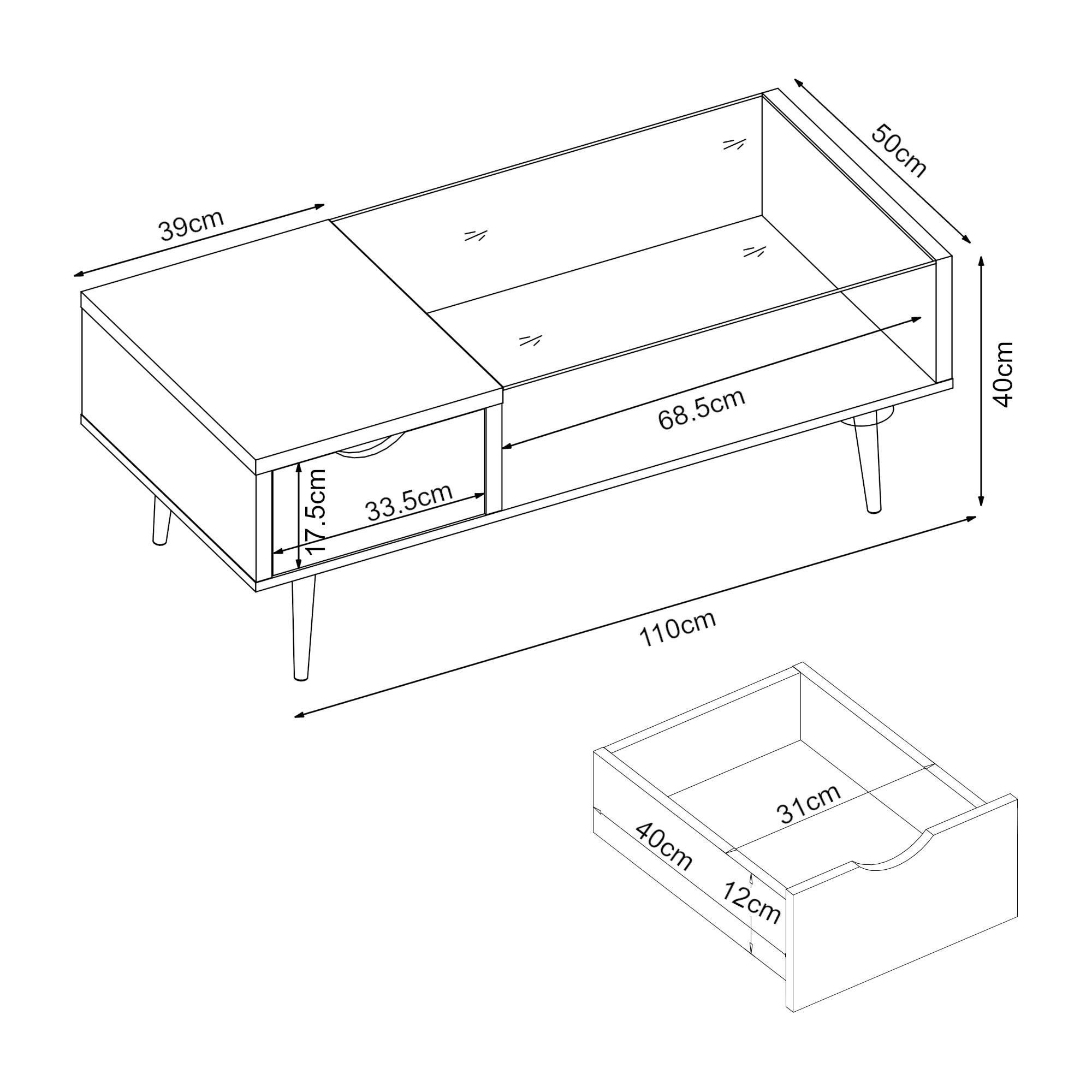 Tavolino Centrale da Salotto Markaryd con Cassetto e Piano in Vetro - Effetto Noce [en.casa]