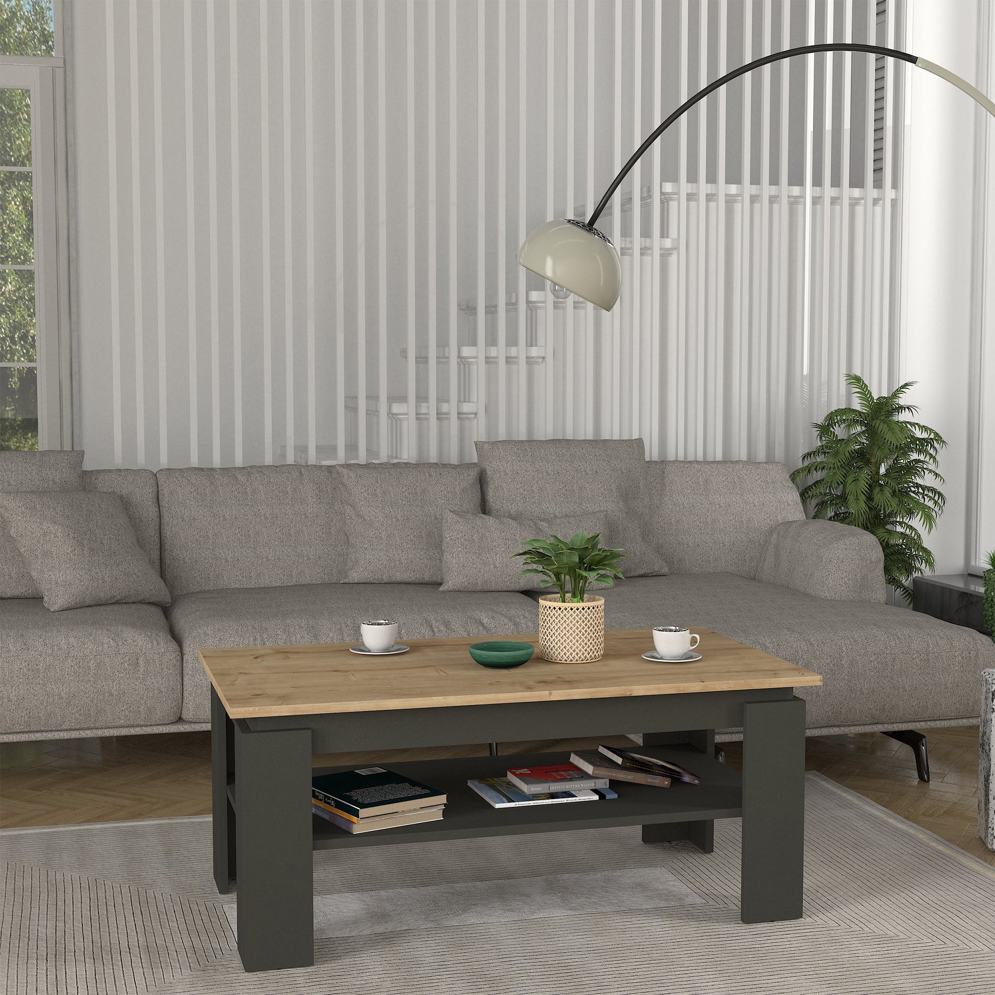 Tavolino Centrale da Caffè Krirdfjos con Ripiano 110x60x47 cm - Antracite/Effetto Rovere Zaffiro [en.casa]
