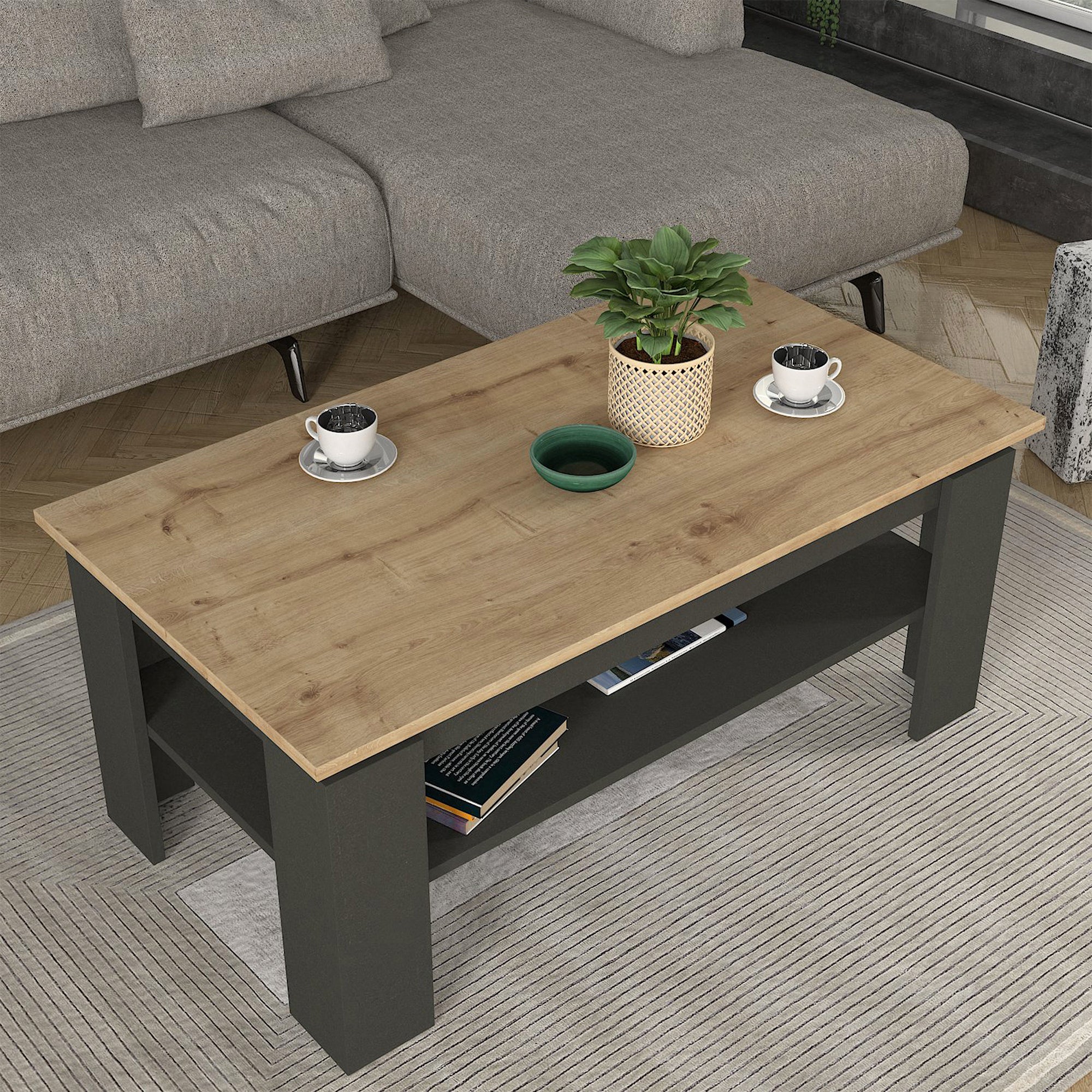 Tavolino Centrale da Caffè Krirdfjos con Ripiano 110x60x47 cm - Antracite/Effetto Rovere Zaffiro [en.casa]