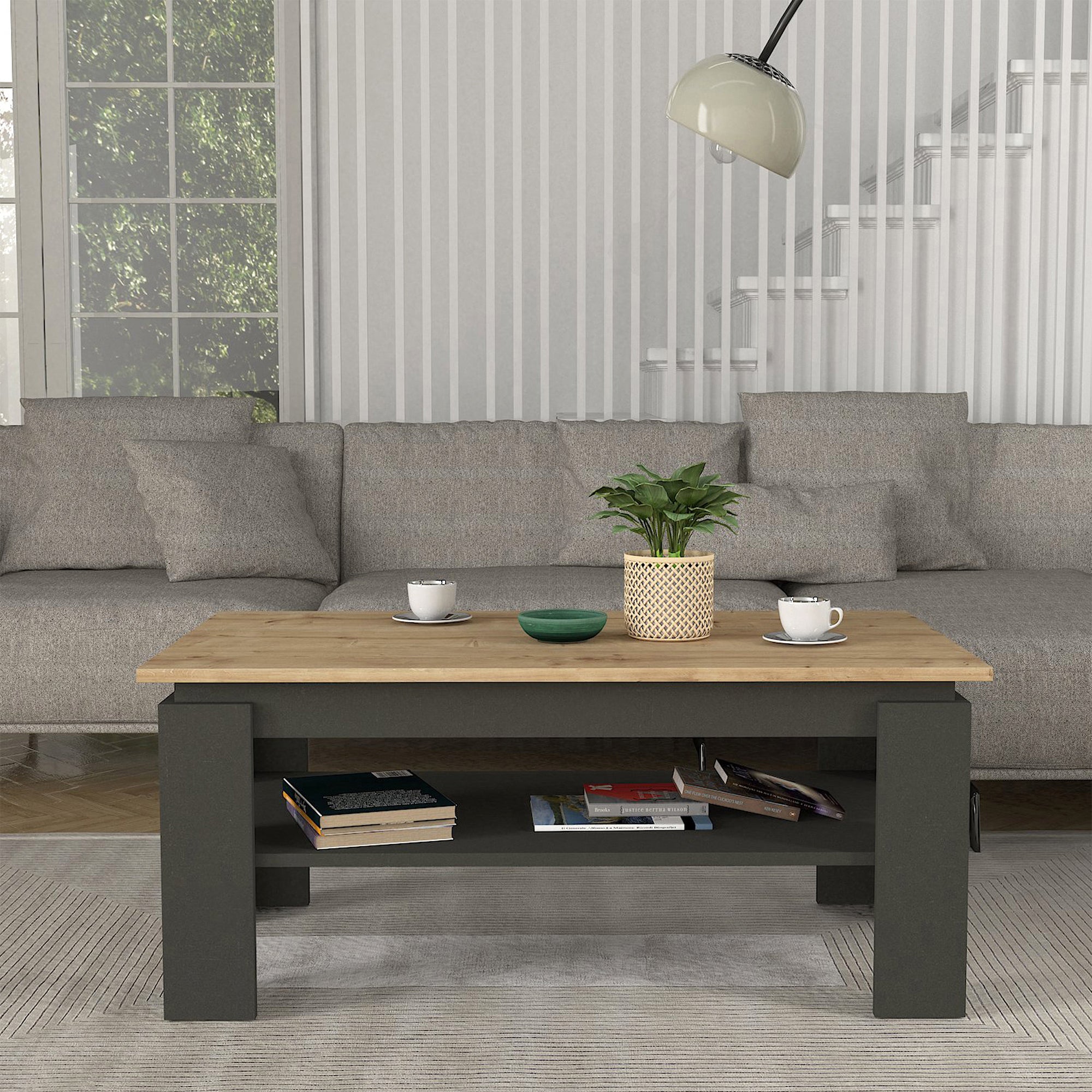 Tavolino Centrale da Caffè Krirdfjos con Ripiano 110x60x47 cm - Antracite/Effetto Rovere Zaffiro [en.casa]