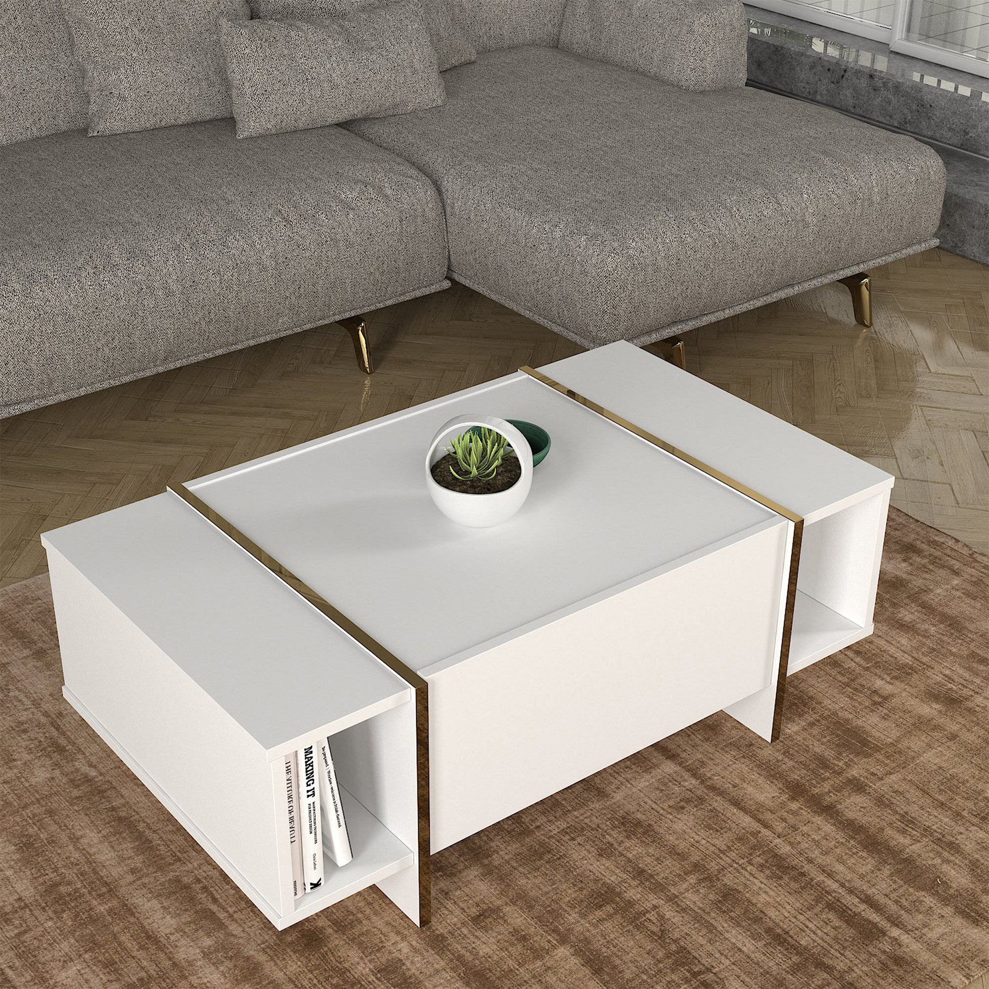 Tavolino Centrale da Salotto Tavak 104 x 60 x 38 cm - Bianco / Oro [en.casa]