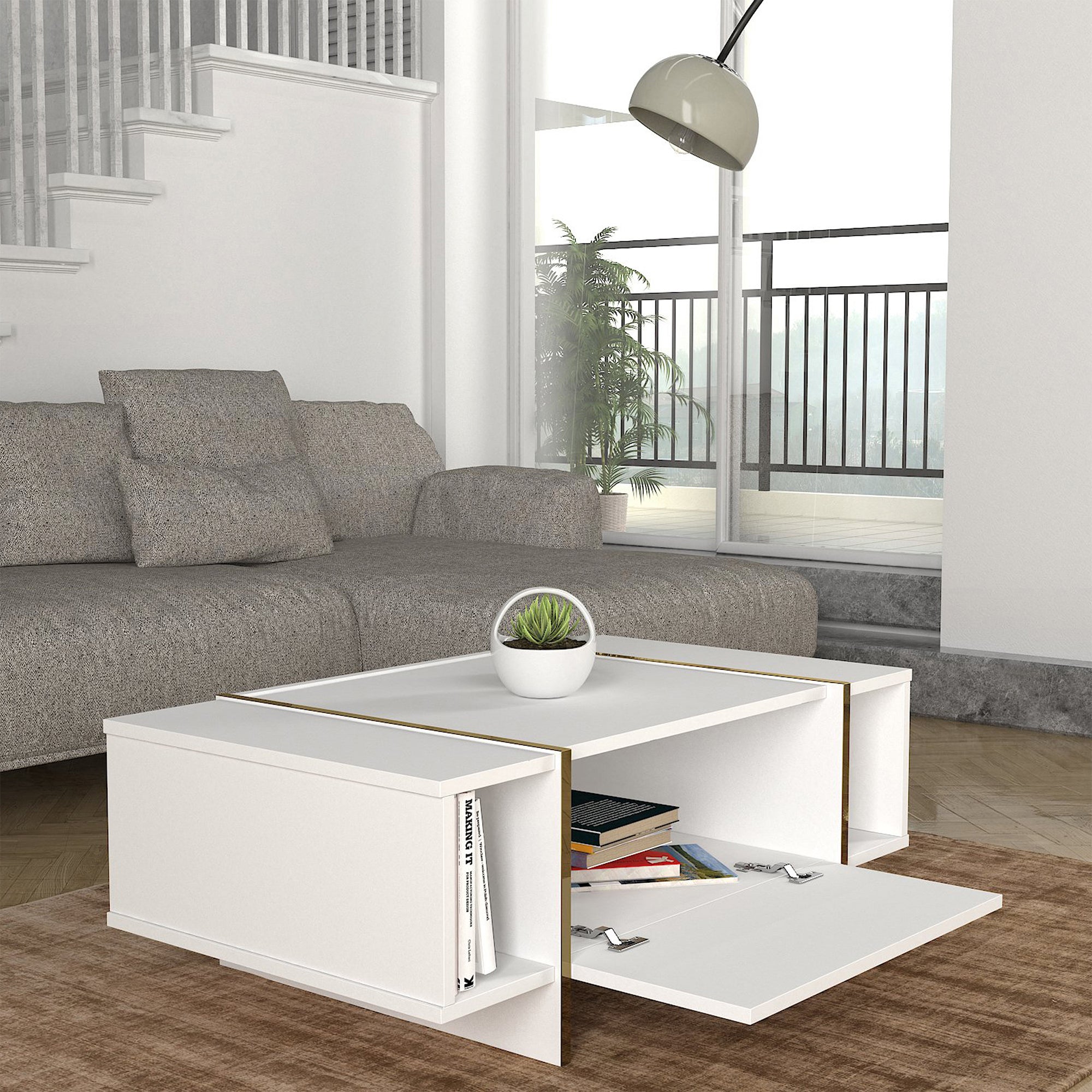 Tavolino Centrale da Salotto Tavak 104 x 60 x 38 cm - Bianco / Oro [en.casa]