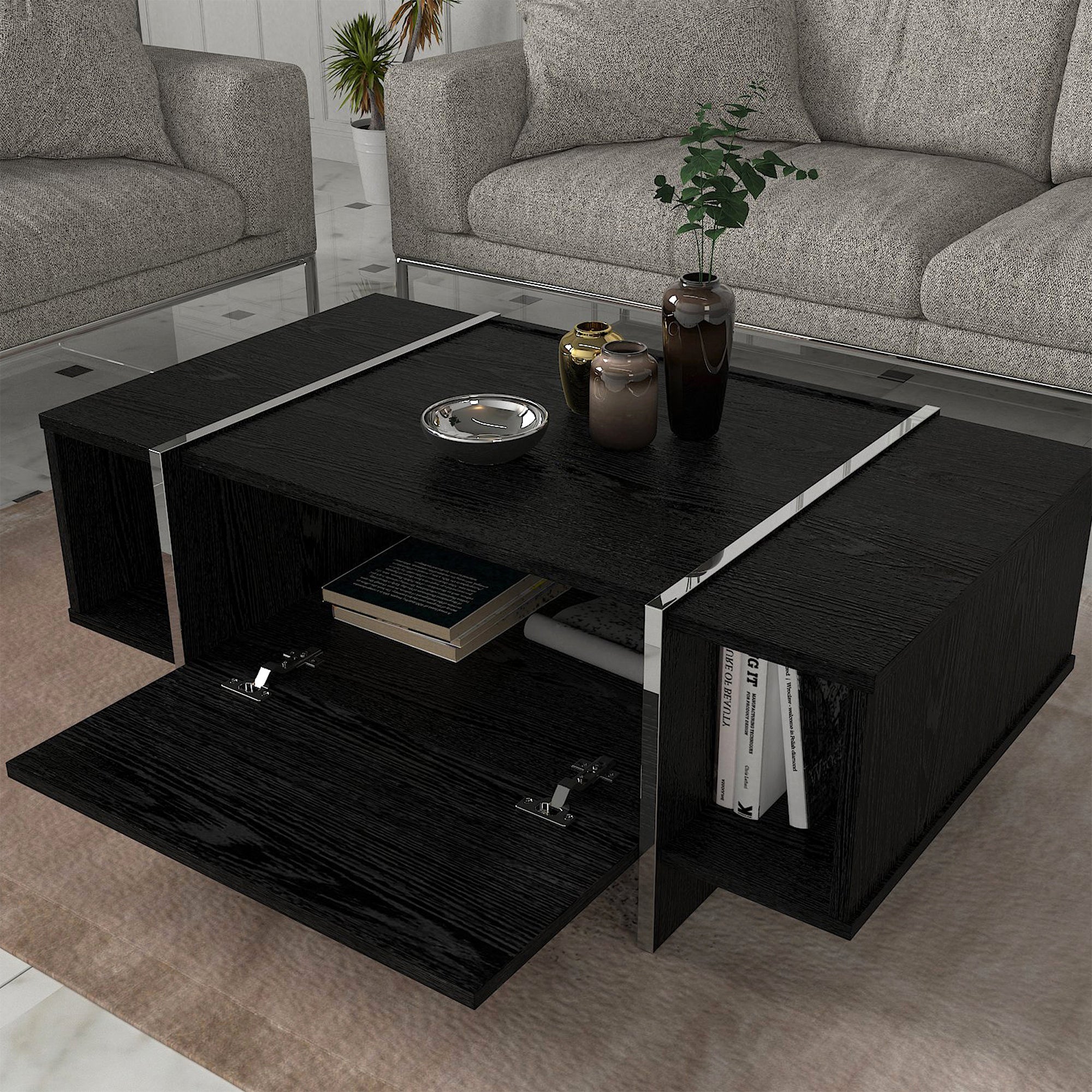 Tavolino Centrale da Salotto Tavak 104 x 60 x 38 cm - Nero / Argento [en.casa]