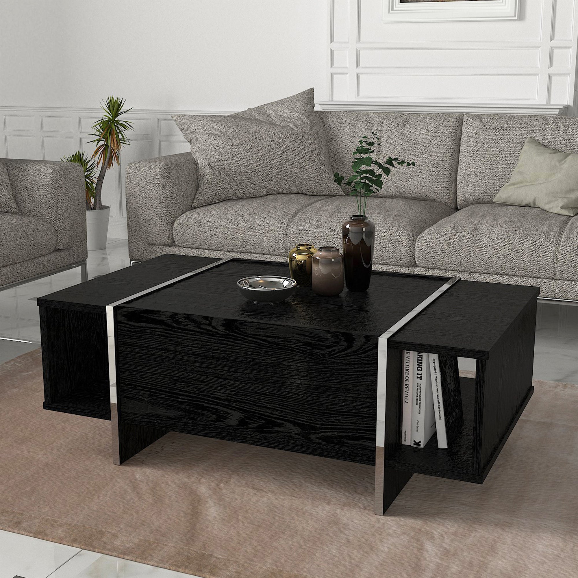 Tavolino Centrale da Salotto Tavak 104 x 60 x 38 cm - Nero / Argento [en.casa]