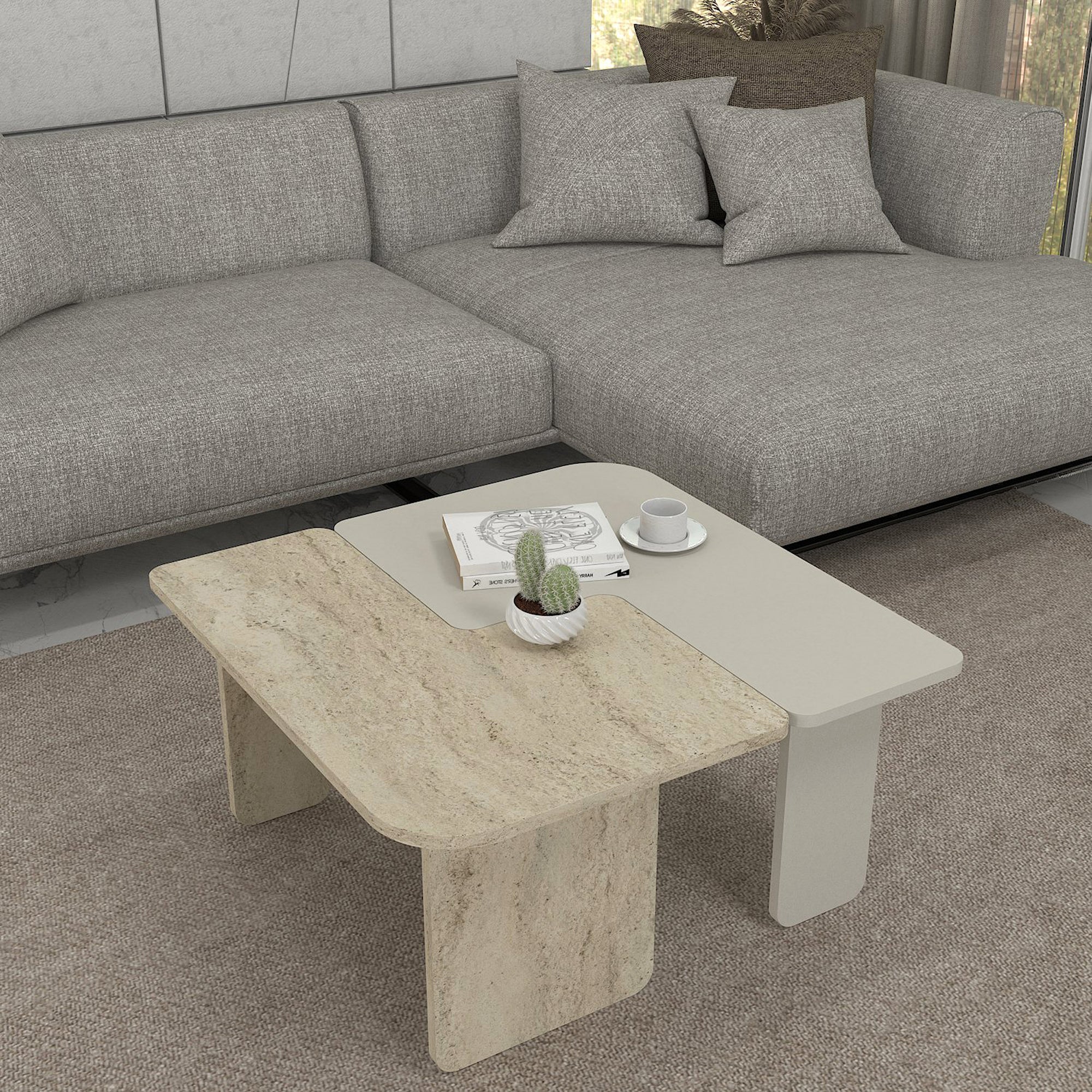 Tavolino Boneksbelt da Salotto in 2 Parti Componibili - Colore Arenaria / Travertino [en.casa]