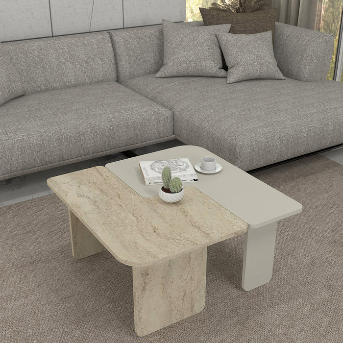 Tavolino Boneksbelt da Salotto in 2 Parti Componibili - Colore Arenaria / Travertino [en.casa]