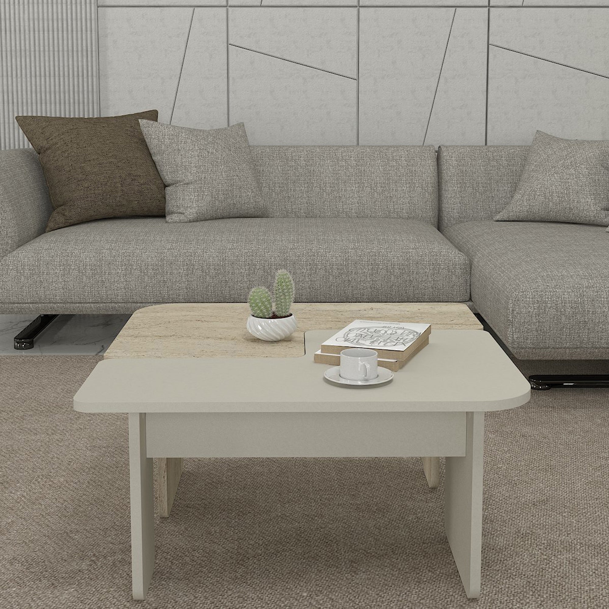 Tavolino Boneksbelt da Salotto in 2 Parti Componibili - Colore Arenaria / Travertino [en.casa]