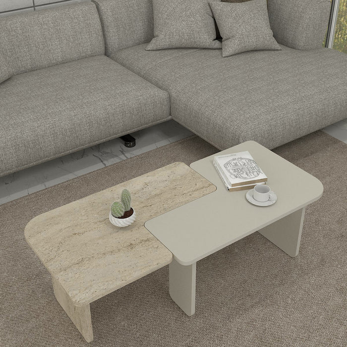 Tavolino Boneksbelt da Salotto in 2 Parti Componibili - Colore Arenaria / Travertino [en.casa]