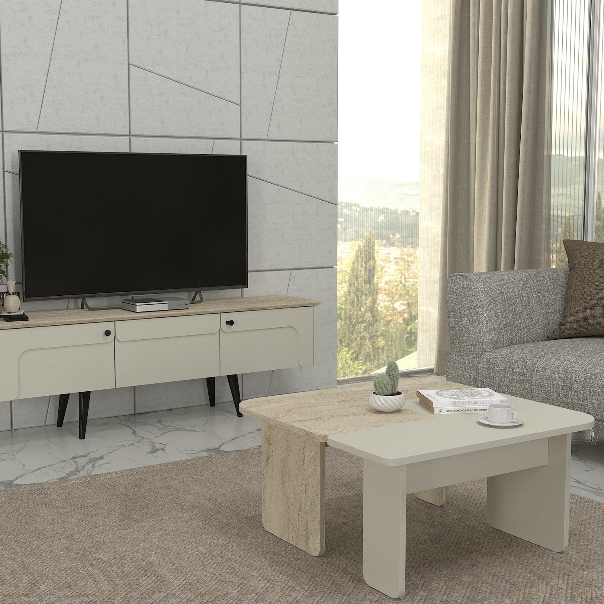 Tavolino Boneksbelt da Salotto in 2 Parti Componibili - Colore Arenaria / Travertino [en.casa]